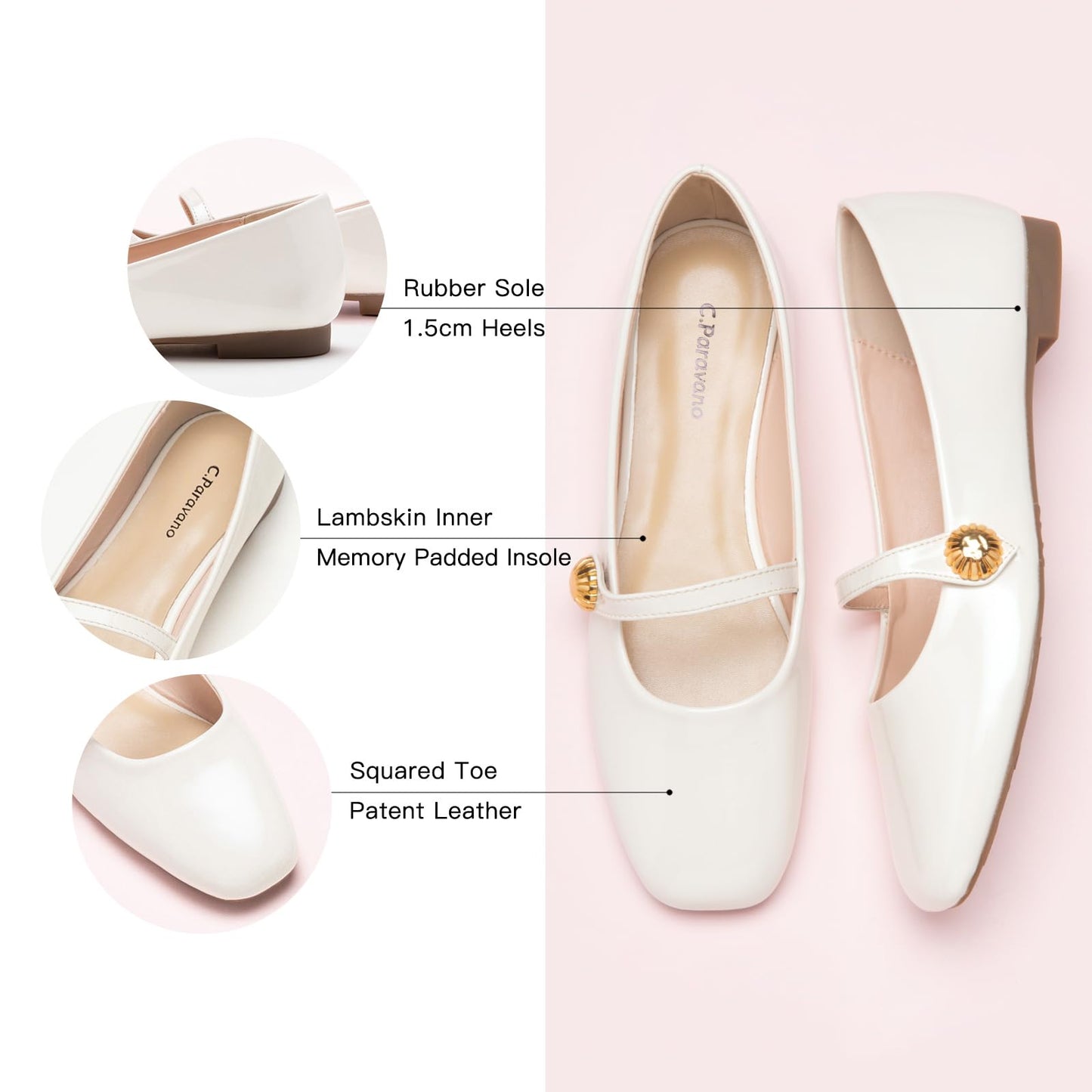 C.Paravano Mary Jane Flats for Women | Women's Ballet Flats | Mary Jane Shoes Women | Leather Square Toe Flats