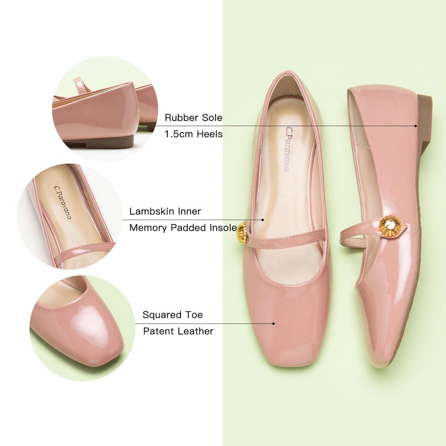 C.Paravano Mary Jane Flats for Women | Women's Ballet Flats | Mary Jane Shoes Women | Leather Square Toe Flats