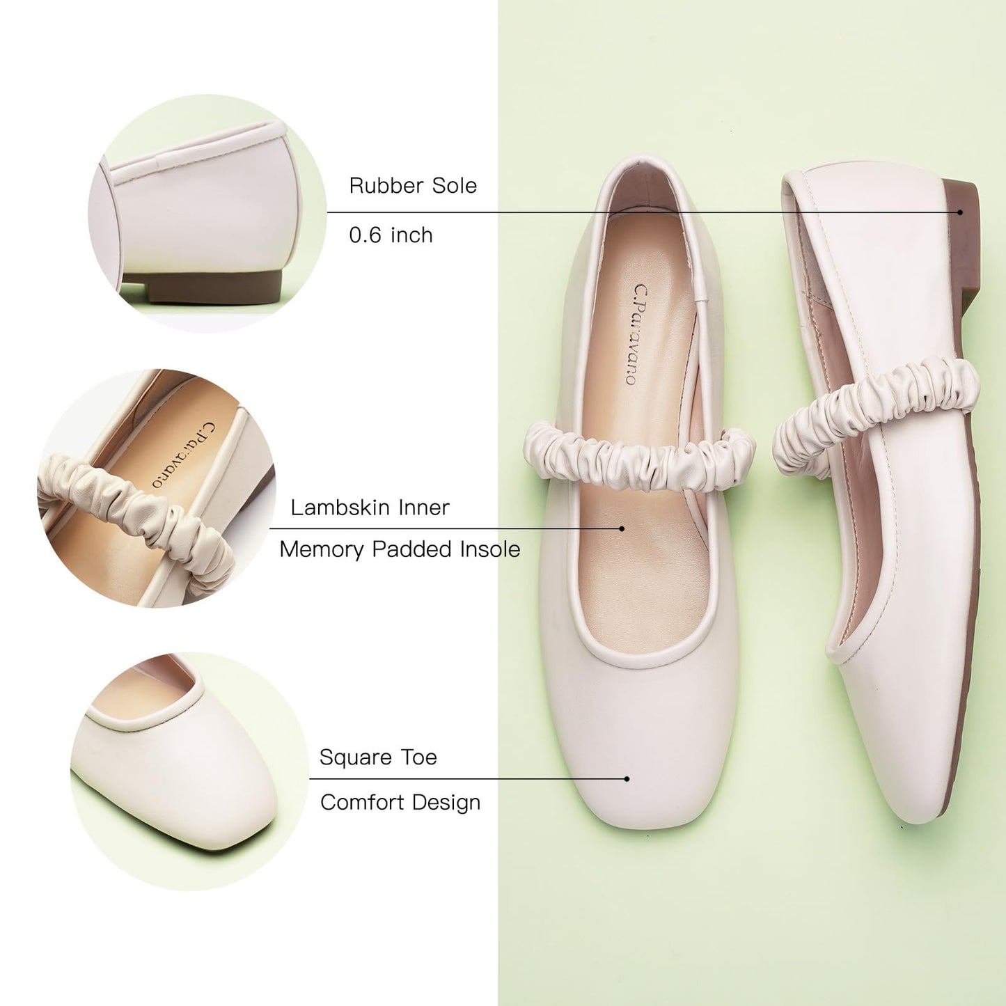 C.Paravano Mary Jane Flats for Women | Women's Ballet Flats | Mary Jane Shoes Women | Leather Square Toe Flats