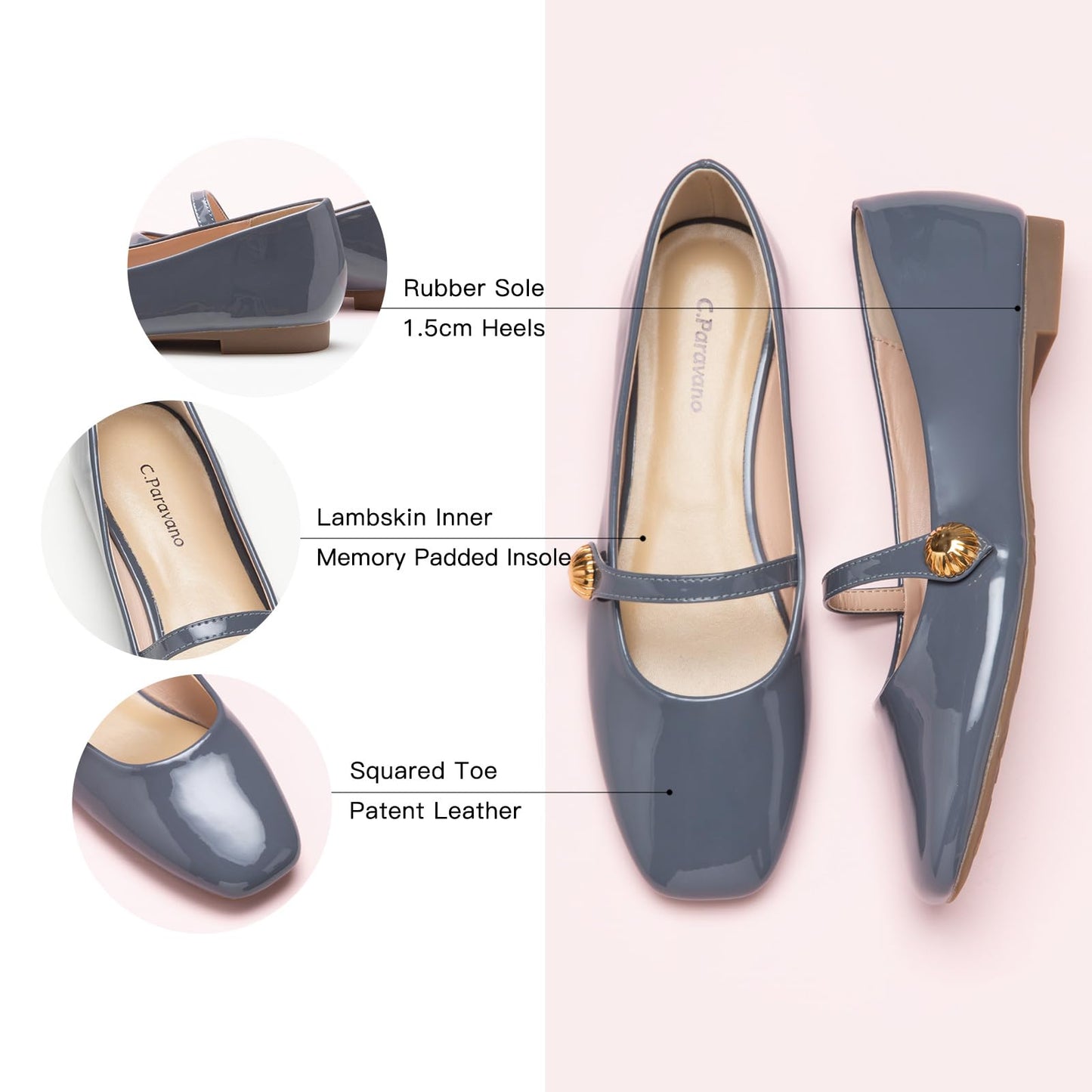 C.Paravano Mary Jane Flats for Women | Women's Ballet Flats | Mary Jane Shoes Women | Leather Square Toe Flats