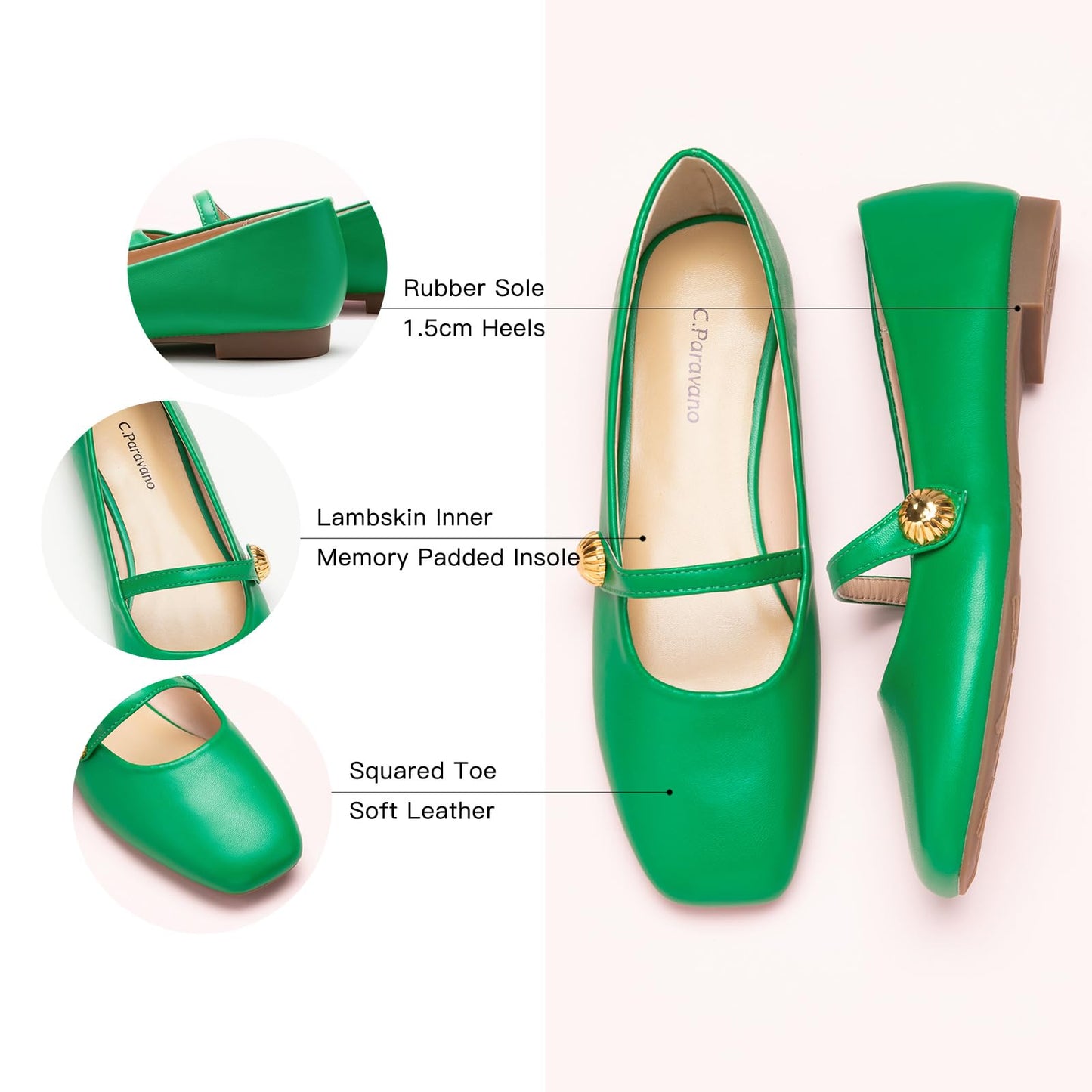 C.Paravano Mary Jane Flats for Women | Women's Ballet Flats | Mary Jane Shoes Women | Leather Square Toe Flats