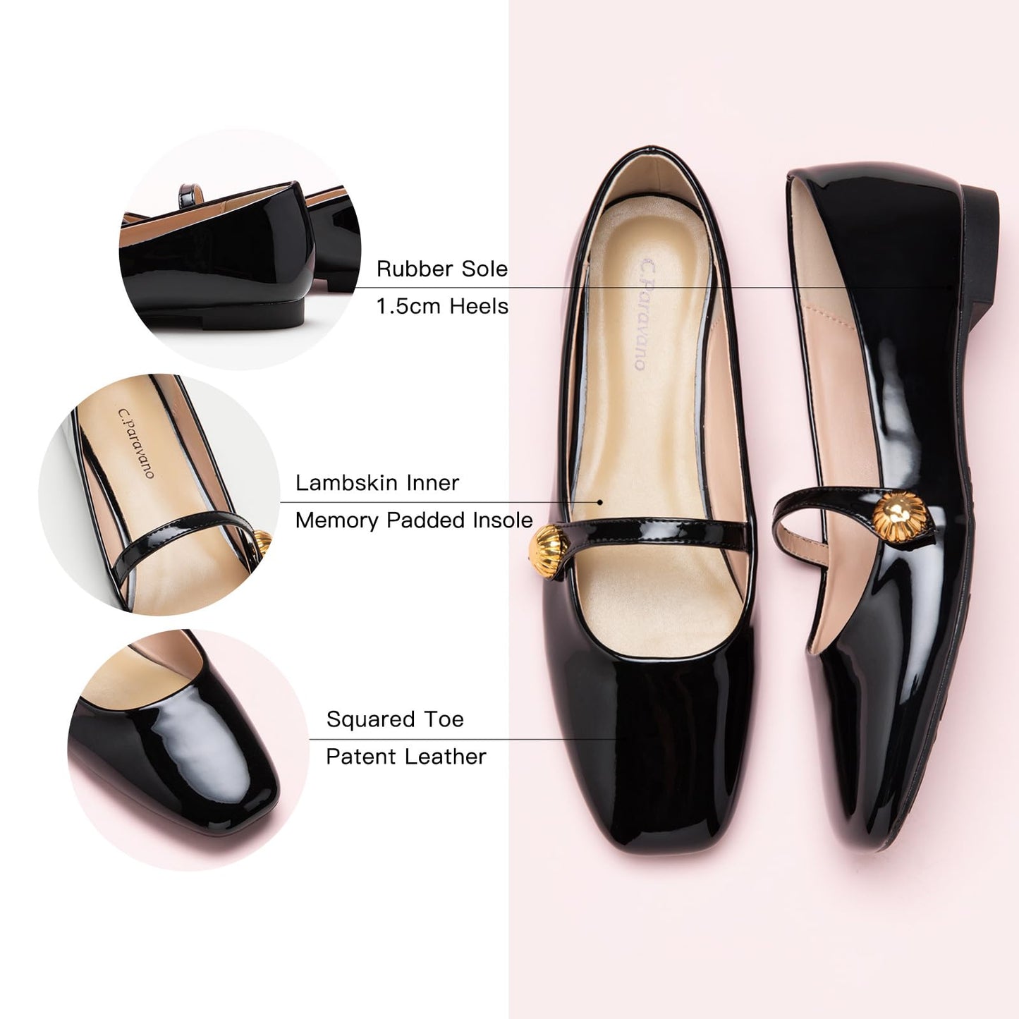 C.Paravano Mary Jane Flats for Women | Women's Ballet Flats | Mary Jane Shoes Women | Leather Square Toe Flats