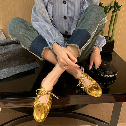 Women's Wrinkled Leather Lace Up Flat Mules Fashion Closed Square Toe Slip-On Slingback Ballet Flats Comfortable Casual Dressy Date Office Work Shoes