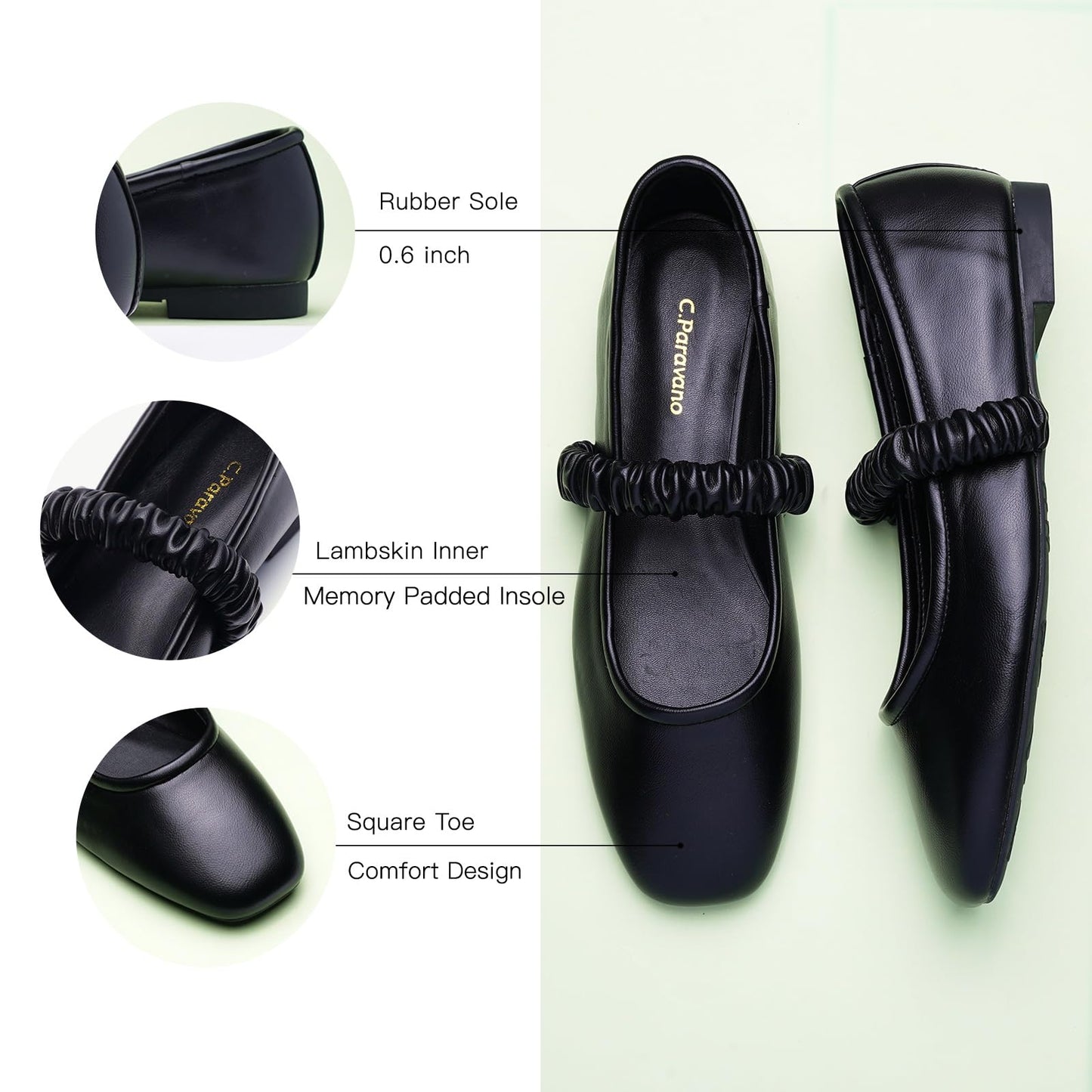 C.Paravano Mary Jane Flats for Women | Women's Ballet Flats | Mary Jane Shoes Women | Leather Square Toe Flats