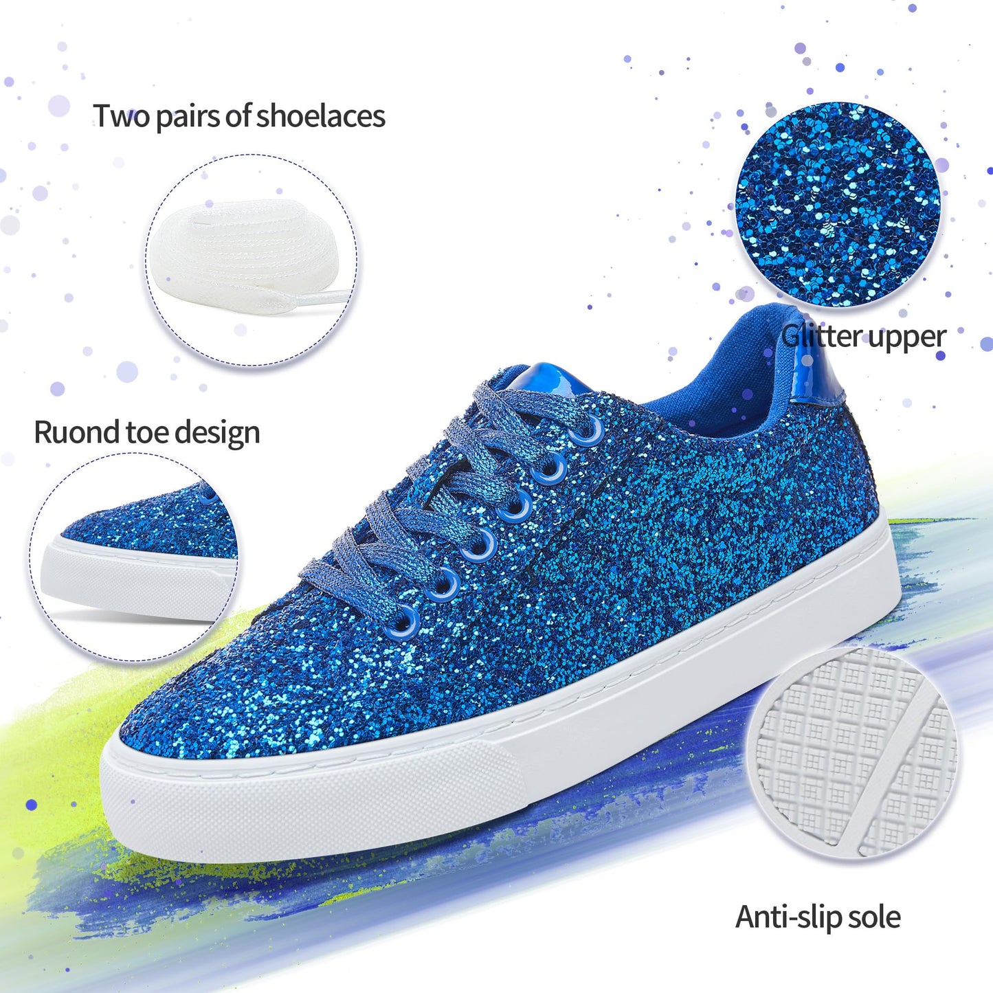 Glitter Sparkly Fashion Sneakers Shoes Shiny Casual Shoes Bling Sequin Concert Low Cut Lace up Shoes