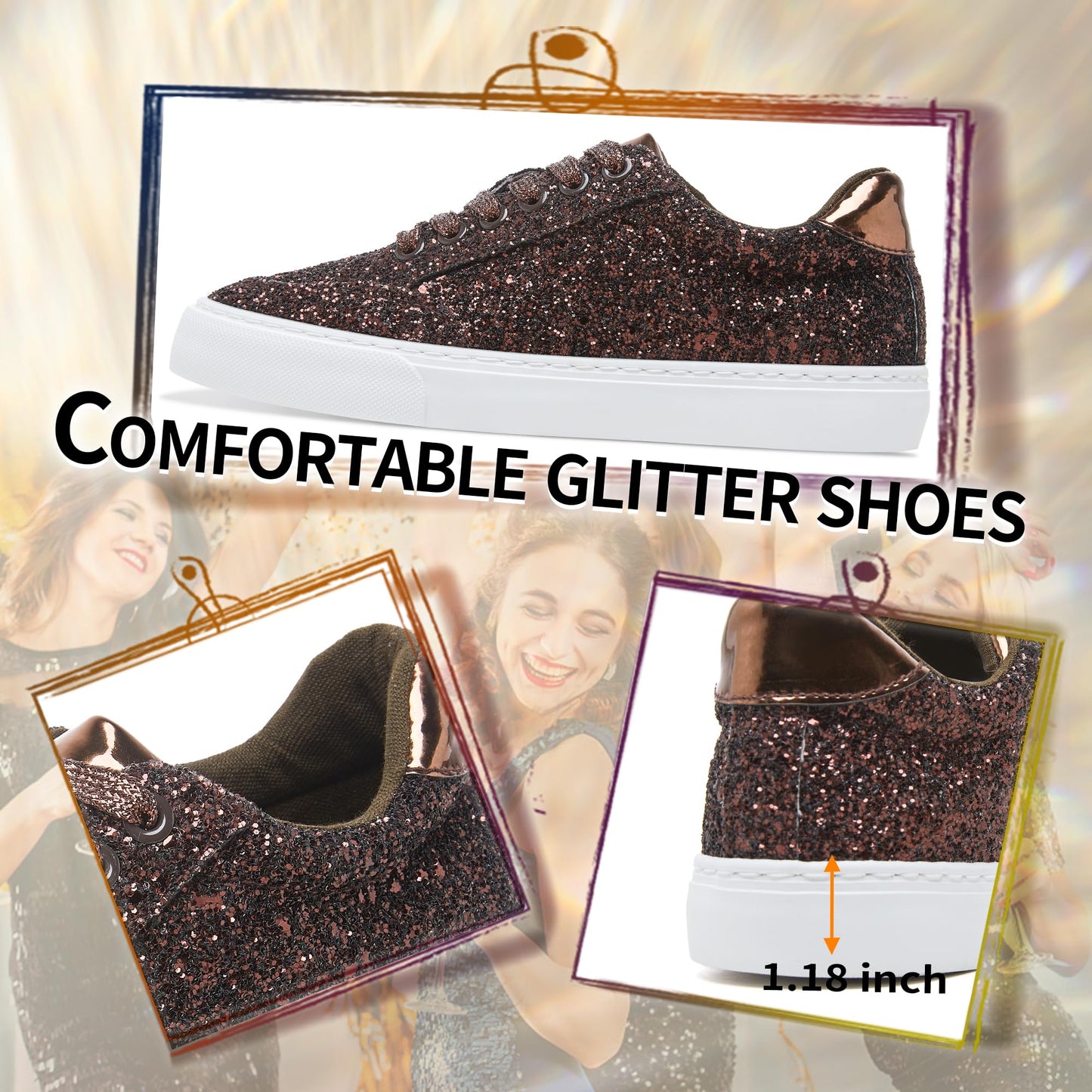 Glitter Sparkly Fashion Sneakers Shoes Shiny Casual Shoes Bling Sequin Concert Low Cut Lace up Shoes