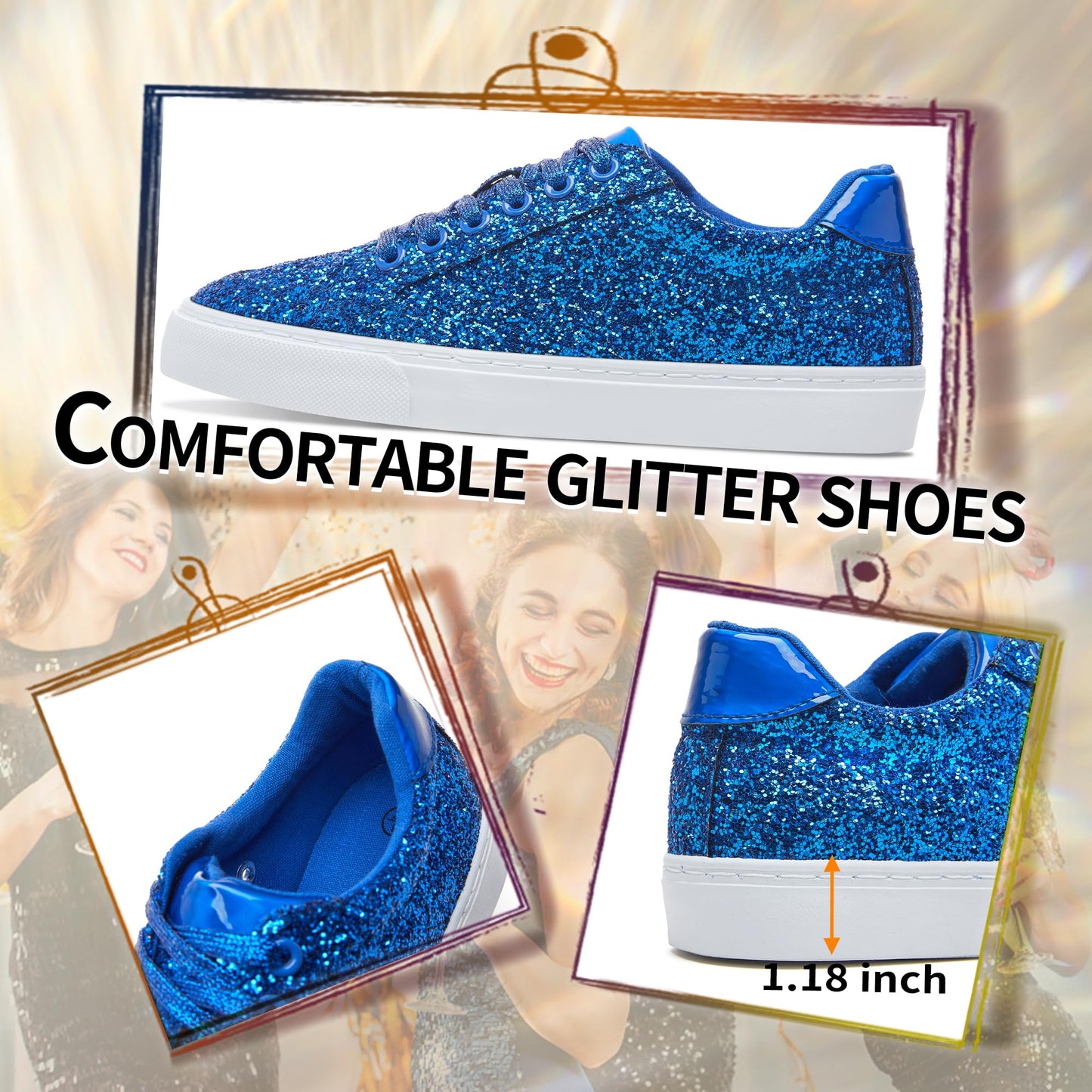 Glitter Sparkly Fashion Sneakers Shoes Shiny Casual Shoes Bling Sequin Concert Low Cut Lace up Shoes