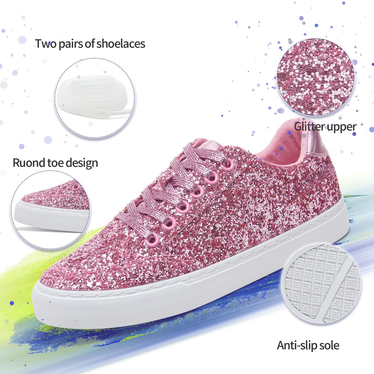 Glitter Sparkly Fashion Sneakers Shoes Shiny Casual Shoes Bling Sequin Concert Low Cut Lace up Shoes