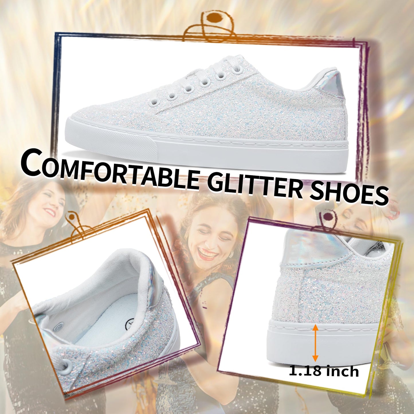 Glitter Sparkly Fashion Sneakers Shoes Shiny Casual Shoes Bling Sequin Concert Low Cut Lace up Shoes