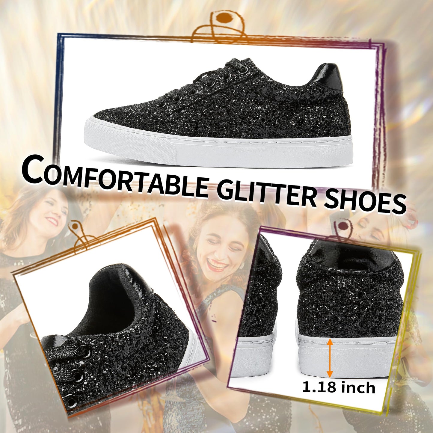 Glitter Sparkly Fashion Sneakers Shoes Shiny Casual Shoes Bling Sequin Concert Low Cut Lace up Shoes