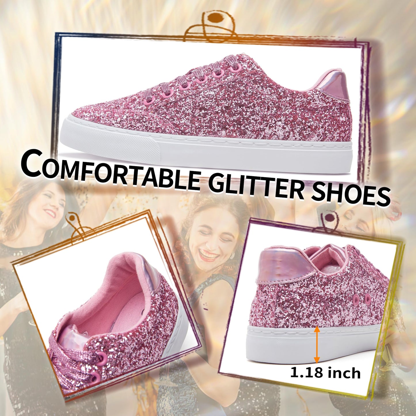 Glitter Sparkly Fashion Sneakers Shoes Shiny Casual Shoes Bling Sequin Concert Low Cut Lace up Shoes