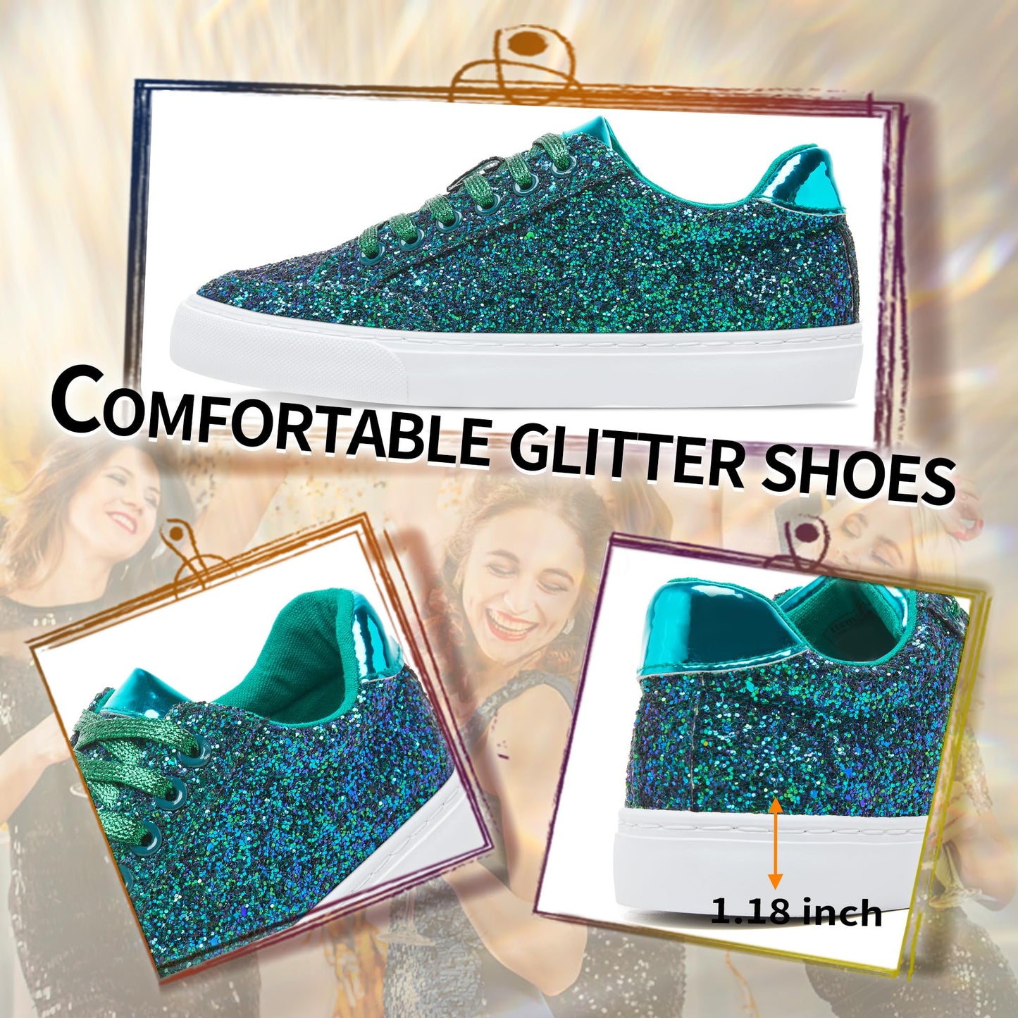 Glitter Sparkly Fashion Sneakers Shoes Shiny Casual Shoes Bling Sequin Concert Low Cut Lace up Shoes