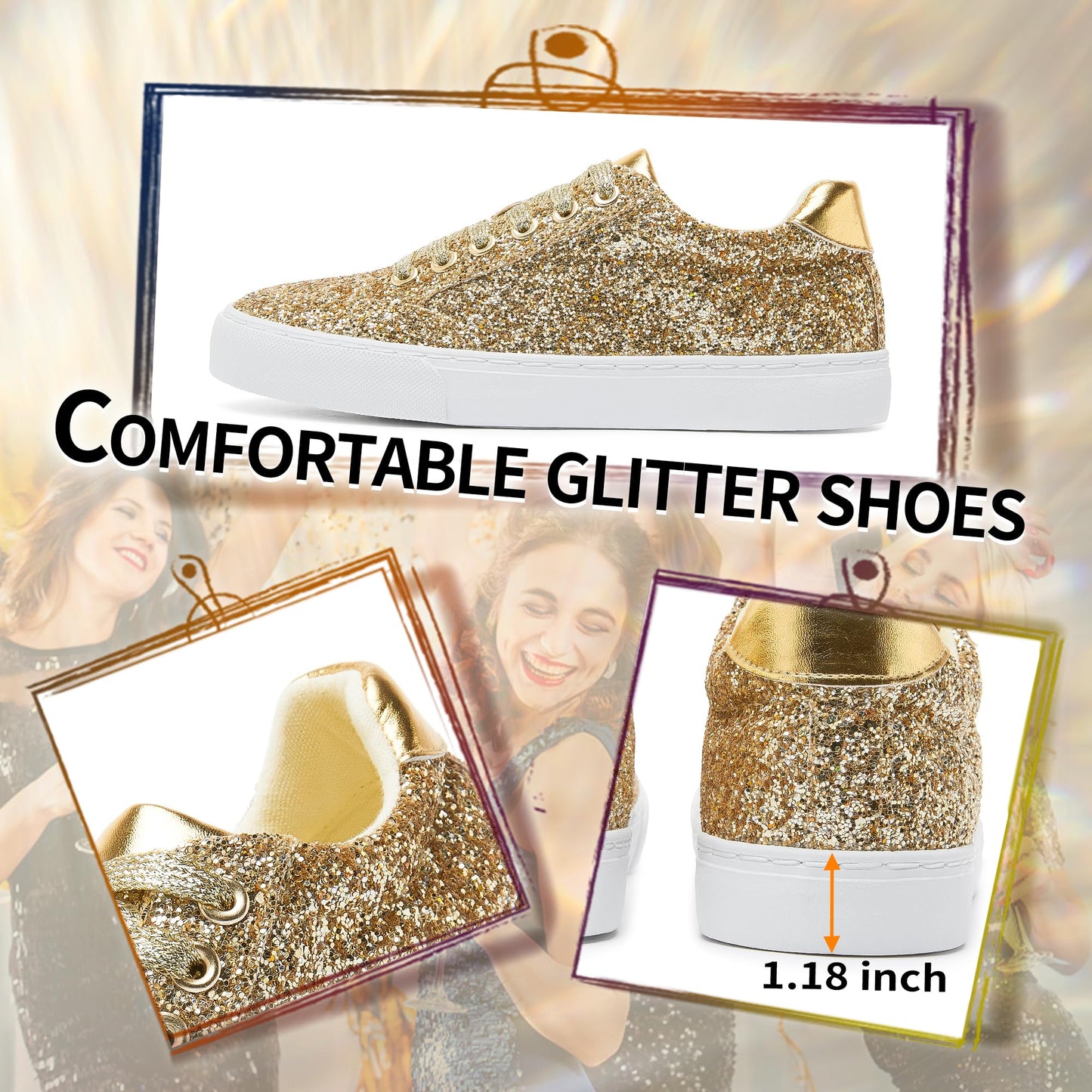 Glitter Sparkly Fashion Sneakers Shoes Shiny Casual Shoes Bling Sequin Concert Low Cut Lace up Shoes